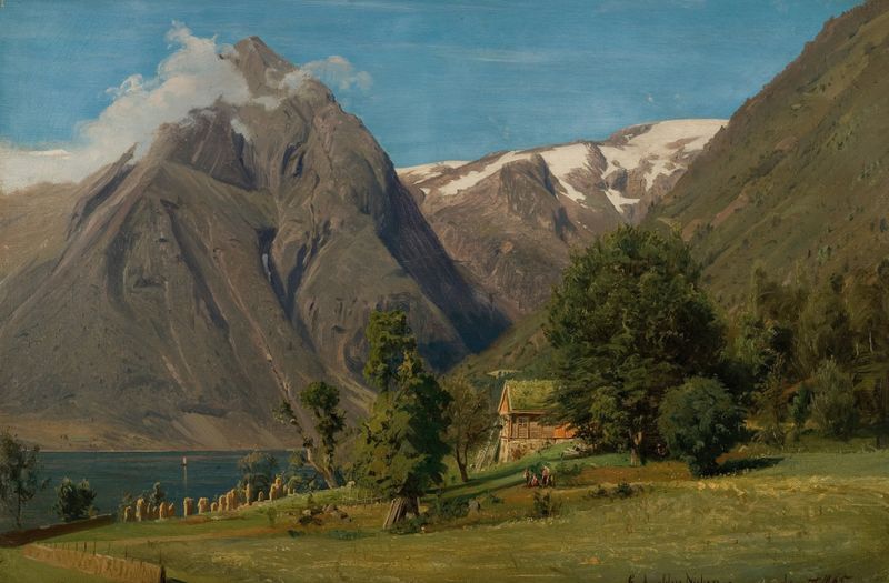Paisaje que representa un día de verano en Balestrand por Amaldus Nielsen, pintura al óleo