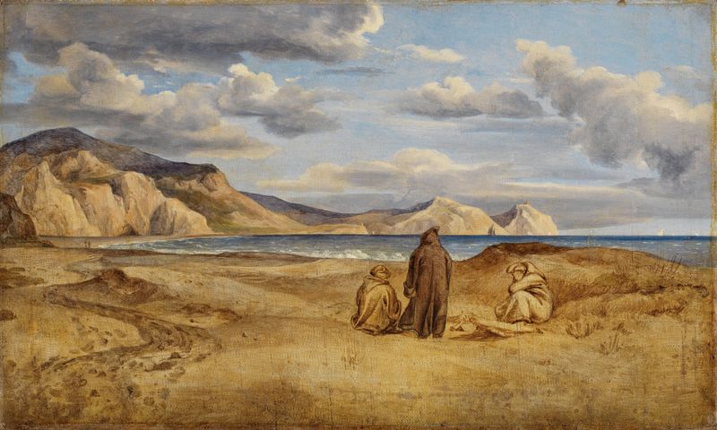 Marine scene with rocky coastline and tranquil sea, oil painting by Heinrich Reinhold