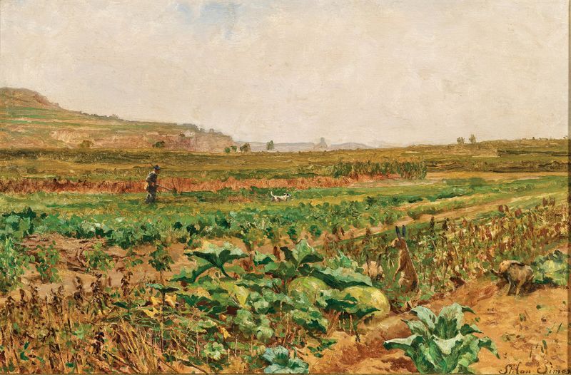 A Vegetable Field with a Hare and a Hunter by Stefan Simony, oil painting