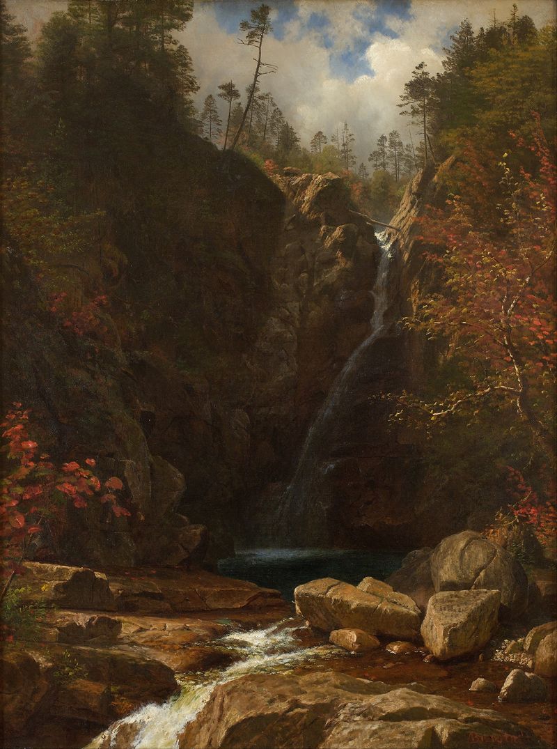 Glen Ellis Falls pintura al óleo de Albert Bierstadt, con una cascada en un bosque exuberante.