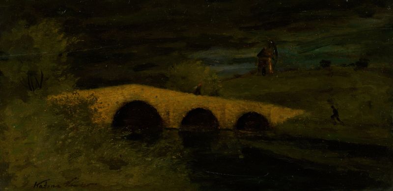 Bridge de Ferdinand Katona, obra simbolista que retrata uma paisagem com uma ponte, pintura a óleo.