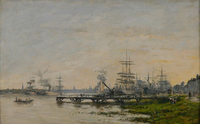 Cena marinha com barcos no porto de Eugène Boudin, pintura a óleo