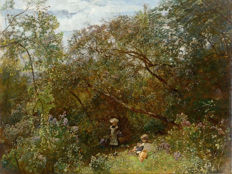Parklandschaft in Plankenberg de Emil Jakob Schindler, óleo sobre tela que retrata uma paisagem serena com água e árvores.