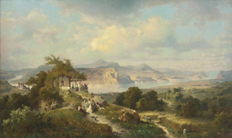Paisagem com um rio e vegetação exuberante de Franz Richard Unterberger, pintura a óleo.