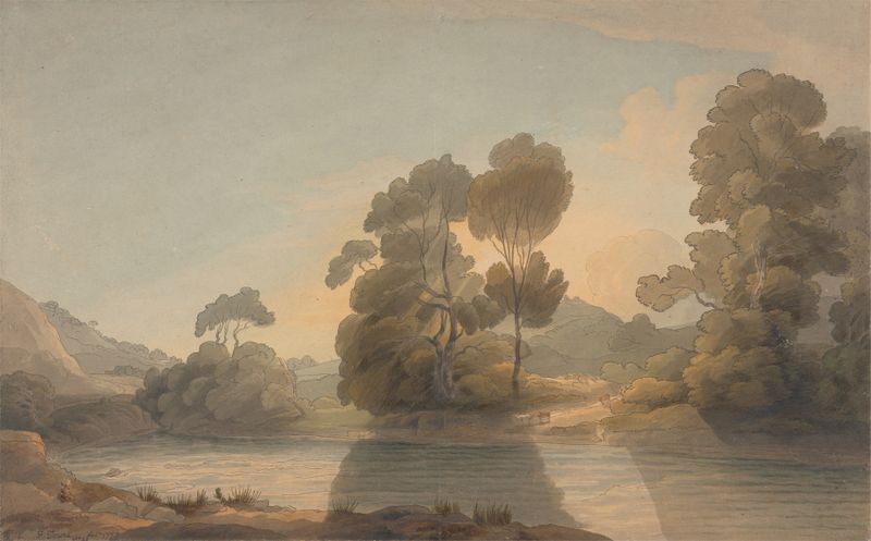 aquarela de Francis Towne retratando um rio tranquilo com suaves reflexos de luz