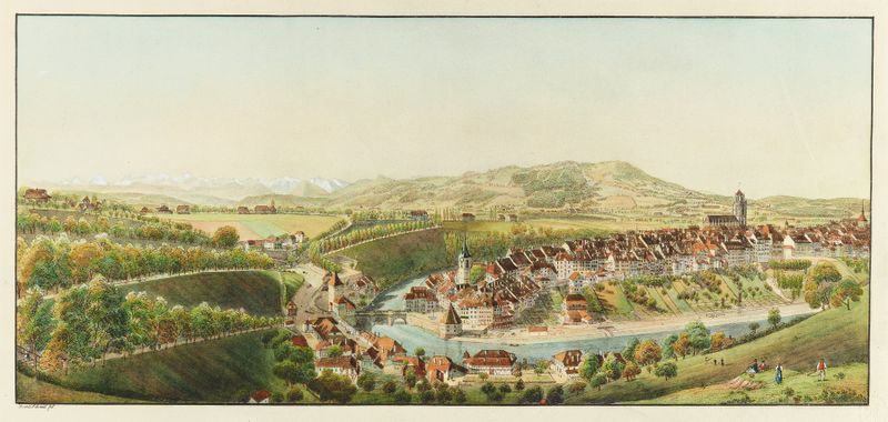 Landscape of Berne with the Aare River, oil painting by Franz Schmid.