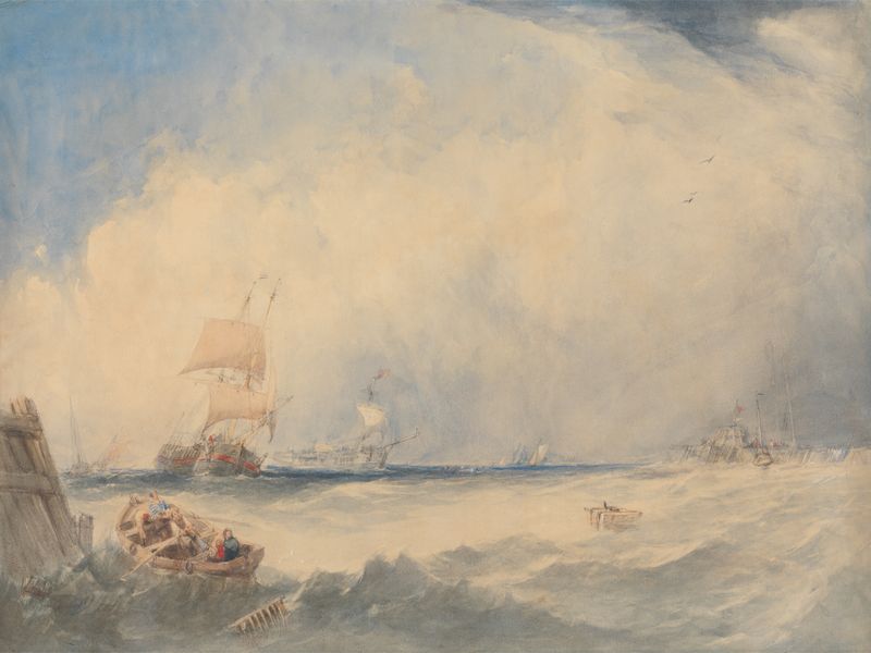 Oil painting by Alfred Gomersal Vickers depicting a harbor scene with ships and sunrise.