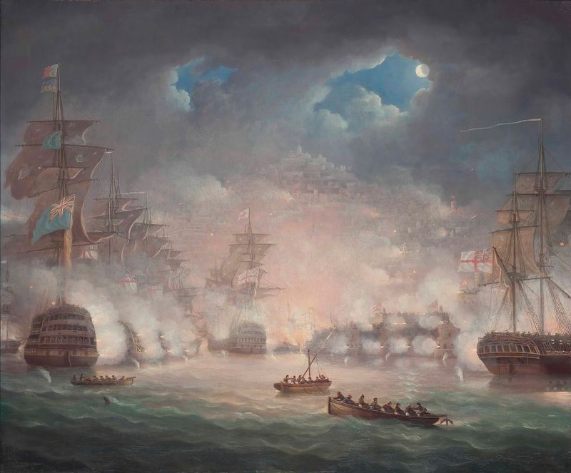 The Bombardment of Algiers, 27 August 1816 by Thomas Buttersworth, oil on canvas depicting ships amidst smoke and waves.