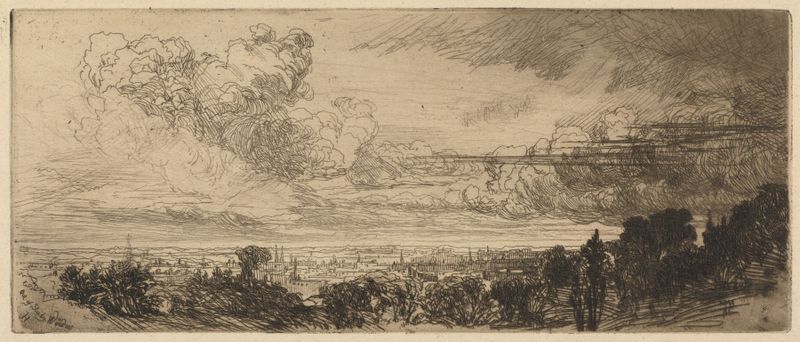 Gravura de Francis Seymour Haden mostrando uma vista serena através de uma janela.