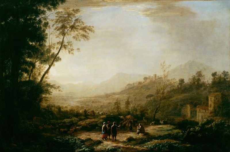 Pintura a óleo Sunrise de Claude Lorrain, retratando uma paisagem com luz suave e reflexos na água.