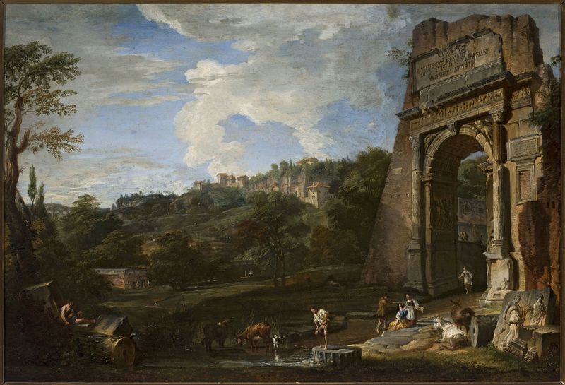 Landscape with the Arch of Titus, oil on canvas by Giovanni Paolo Panini