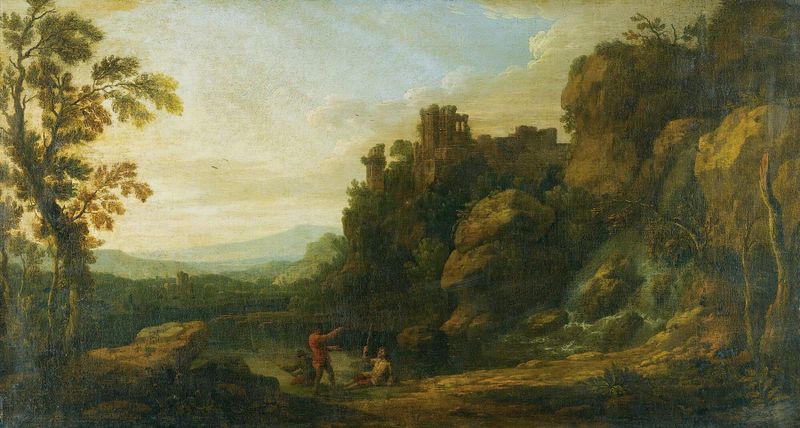 A Rocky Landscape With Three Fisherman By A Lake, óleo sobre tela de Richard Carver