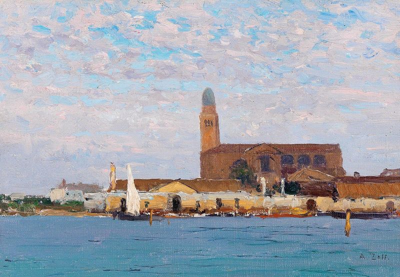 A View Of The Cathedral In Chioggia de Alfred Zoff, pintura a óleo que retrata uma catedral sob um céu pastel.