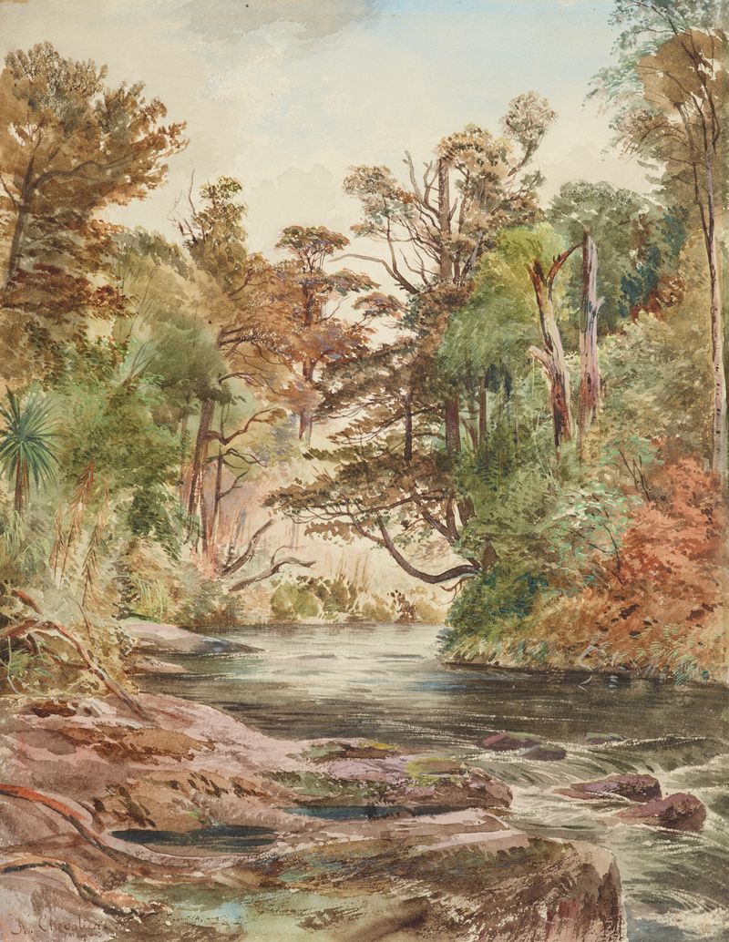 Cena de rio de Nicholas Chevalier, 1868, retratando águas tranquilas e reflexos.