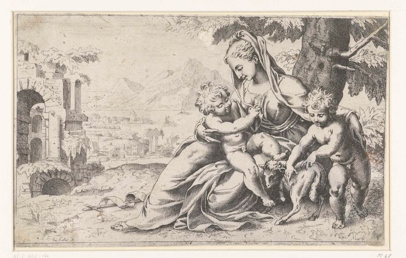 Grabado de Jacques Callot que muestra a María sosteniendo al niño Cristo con un joven heraldo
