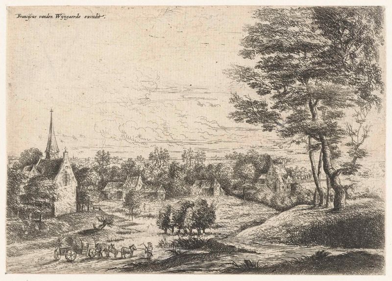 Etching by Lucas van Uden depicting a rural village scene with a huifkar