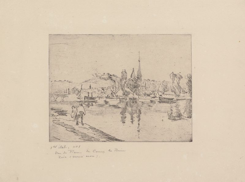 Vue de Rouen, cours la Reine de Camille Pissarro, pintura a óleo que retrata um rio, árvores e céu.
