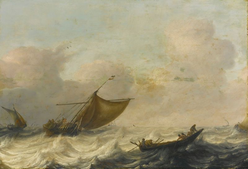 Fishing and Rowing Boats Among Choppy Waters, oil painting by Pieter Mulier the Elder