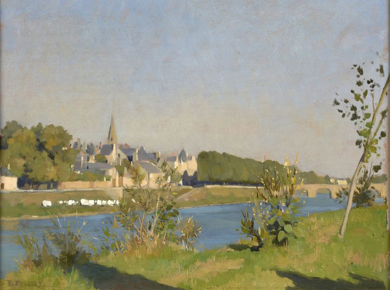Village au bord de la rivière, óleo sobre lienzo de Emile-Louis Foubert