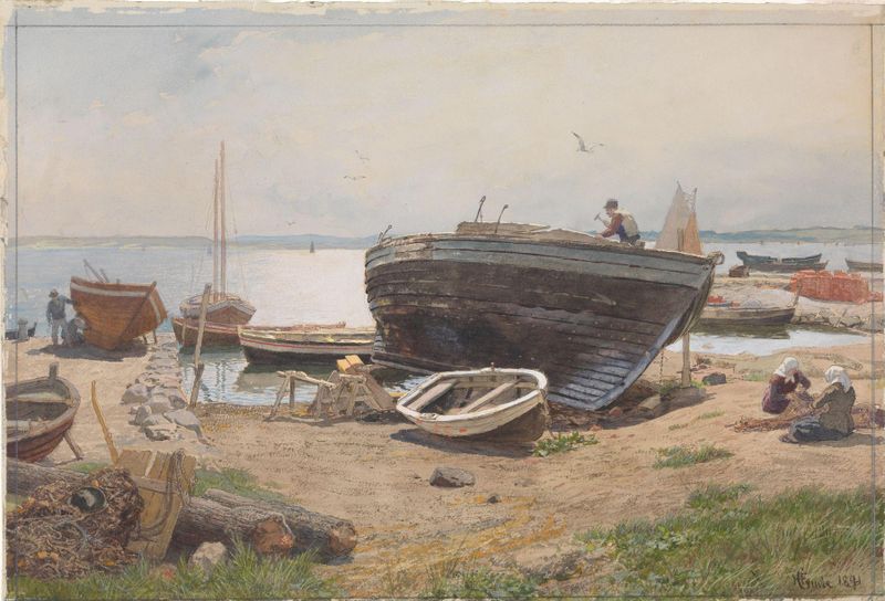A Harbour on the Baltic Sea de Hans Gude, pintura a óleo que mostra barcos perto de uma costa tranquila.
