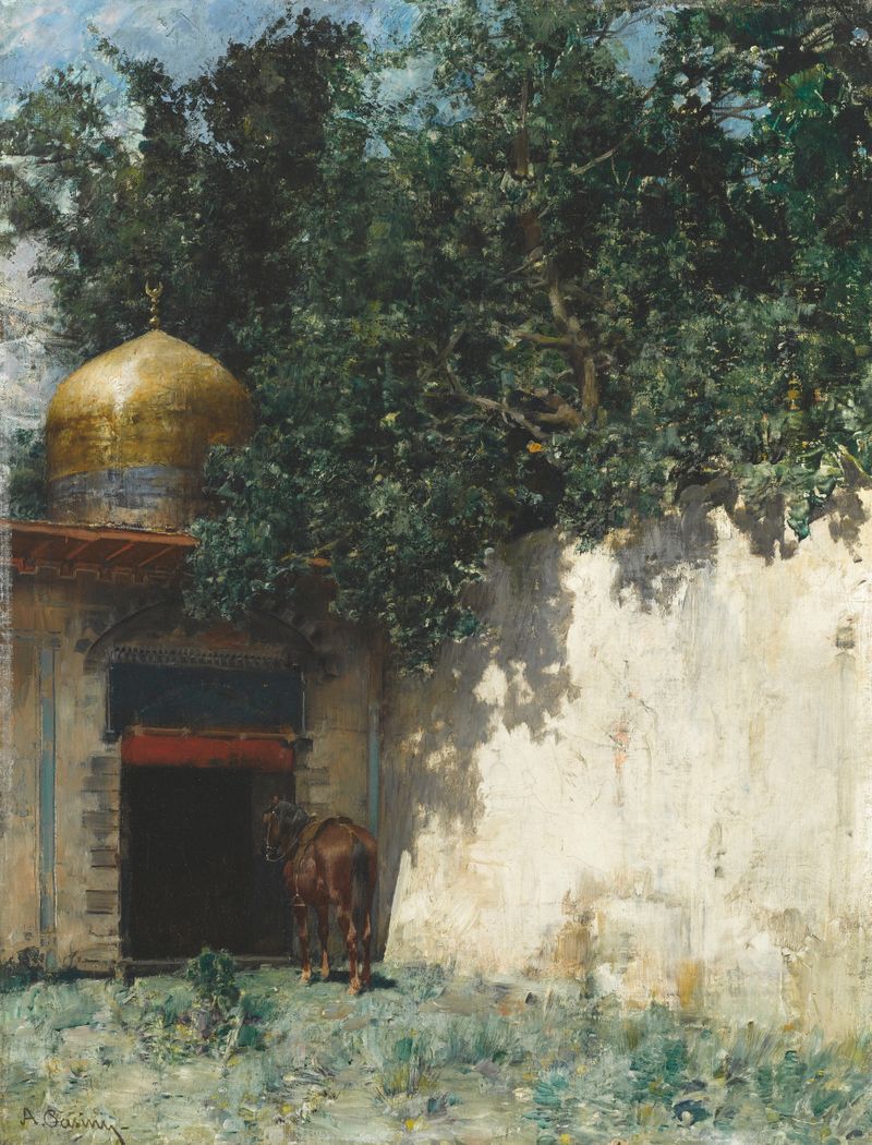 Retrato de uma figura banhada em luz dourada, óleo sobre tela de Alberto Pasini.