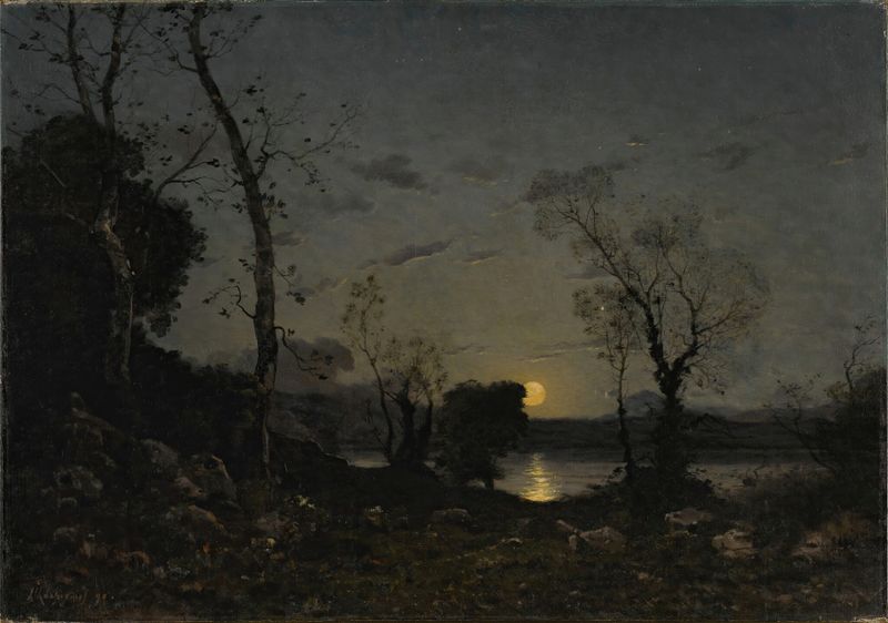 Nocturnal landscape with a shimmering lake reflecting moonlight by Henri-Joseph Harpignies, oil painting