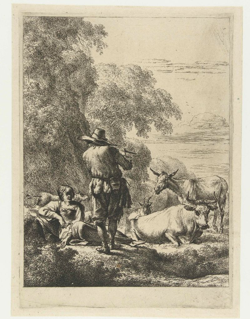 Etching by Nicolaes Pietersz Berchem depicting a shepherd playing a flute in a landscape