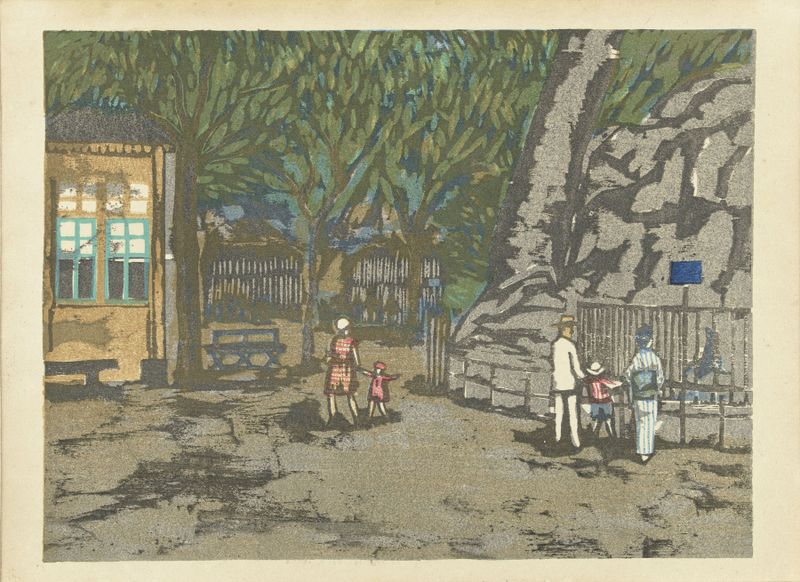 Woodblock print by Onchi Kōshirō depicting Ueno Zoo with a solitary figure in a natural setting