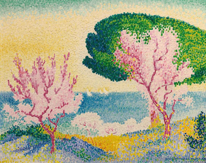 Óleo sobre lienzo de Henri-Edmond Cross que representa un paisaje primaveral vibrante con flores y vegetación.