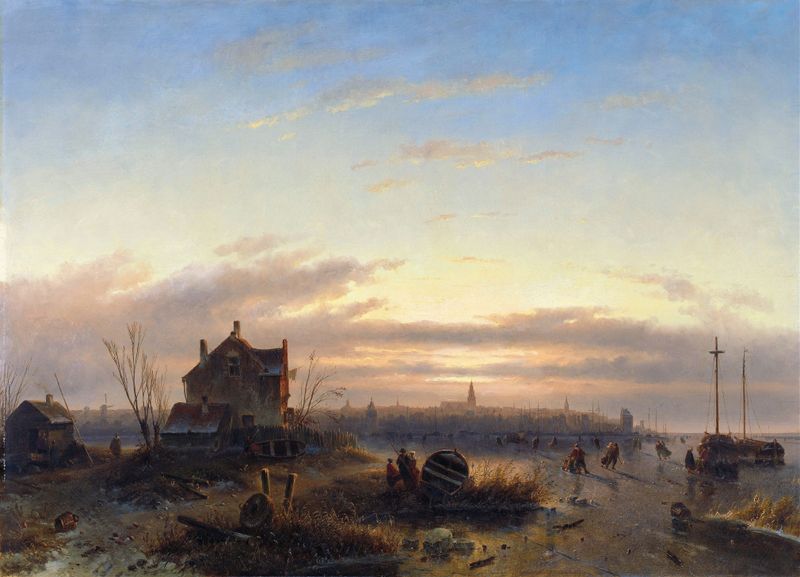 Escena invernal con un patinador solitario sobre el hielo, óleo sobre lienzo de Charles Leickert