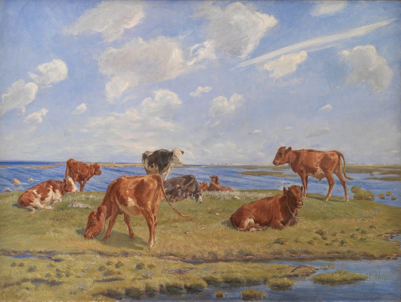 Terneros descansando en la playa, pintura al óleo de Theodor Philipsen