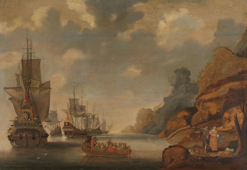 A French Squadron near a Rocky Coast, oil painting by Jacob Adriaensz. Bellevois