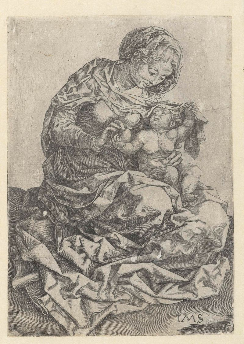 Grabado de la Madonna con el niño de Jan Gossart, mostrando su conexión divina.