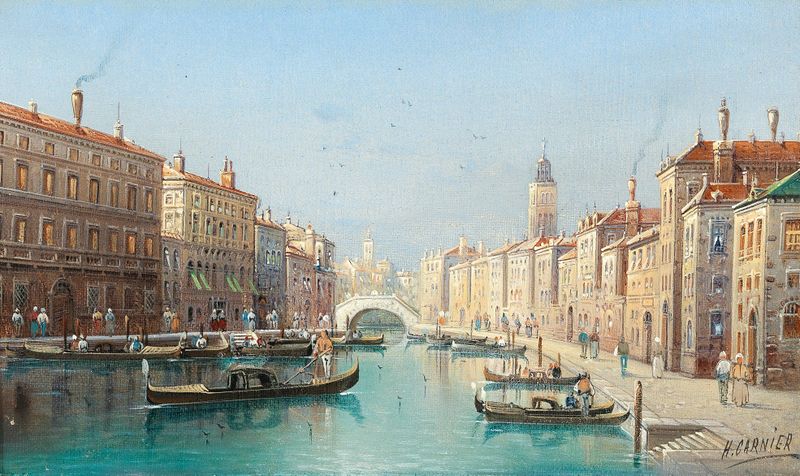 Venetian Scene III by Karl Kaufmann, oil on canvas depicting a tranquil dawn over water.