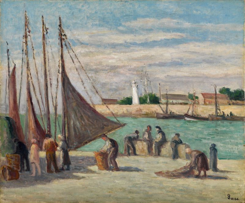Escena marina con barcos y colores vibrantes de Maximilien Luce, pintura al óleo