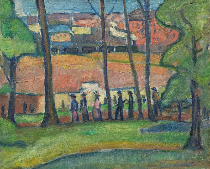 Landscape with pathways and railway, oil painting by Hermann Stenner