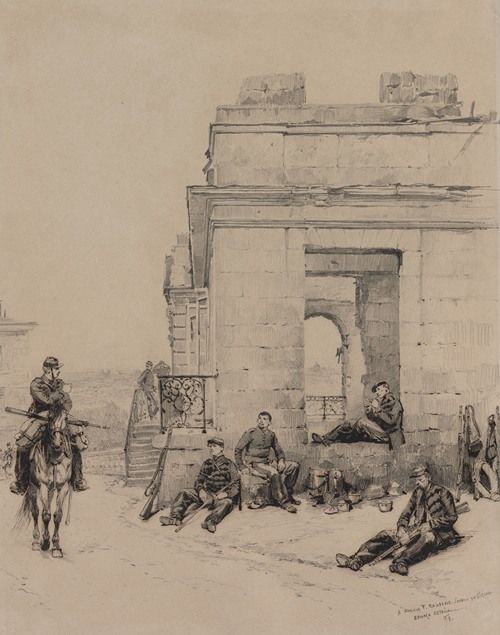 A group of soldiers resting in a peaceful setting, some seated and others standing, surrounded by nature.