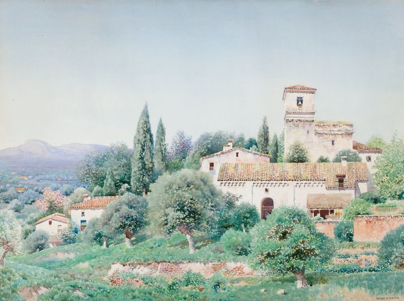 Landscape featuring an archway and bougainvillea by Henry Pember Smith, medium unknown.