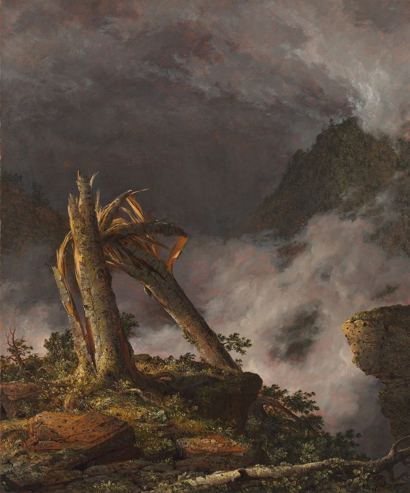 Storm in the Mountains de Frederic Edwin Church, pintura a óleo que retrata uma paisagem tempestuosa.