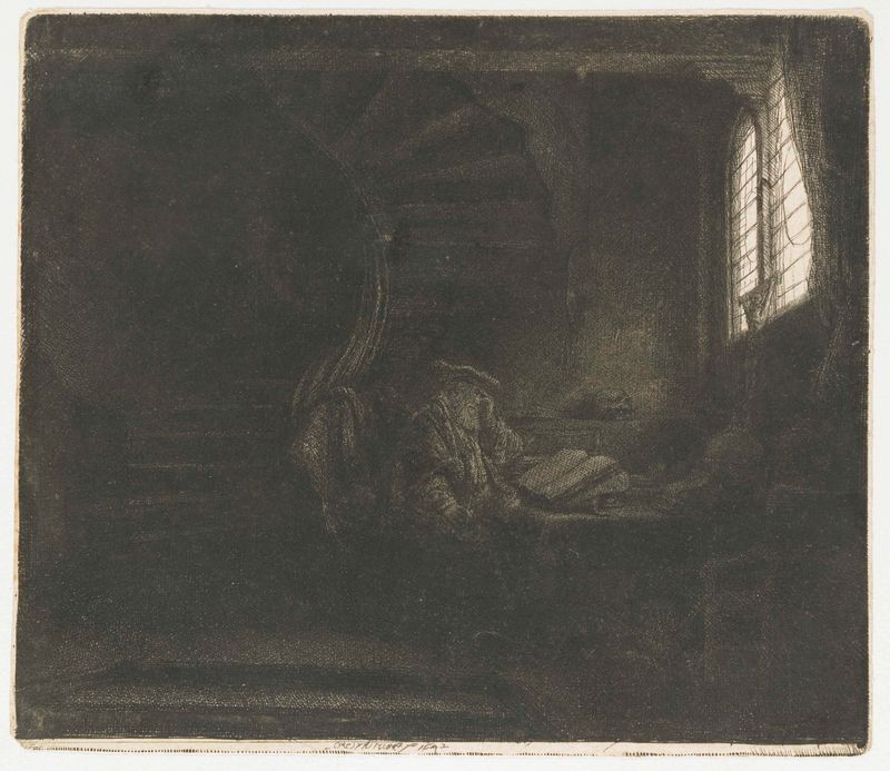 São Jerônimo em uma câmara escura, gravura de Rembrandt van Rijn, luz de vela iluminando um rosto envelhecido.