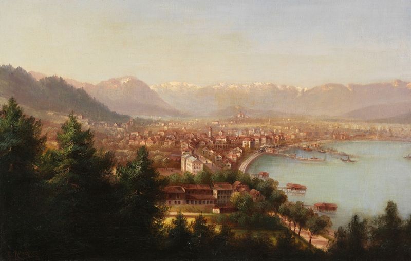 Landscape with mountains and a village, by Hubert Sattler, medium unknown.