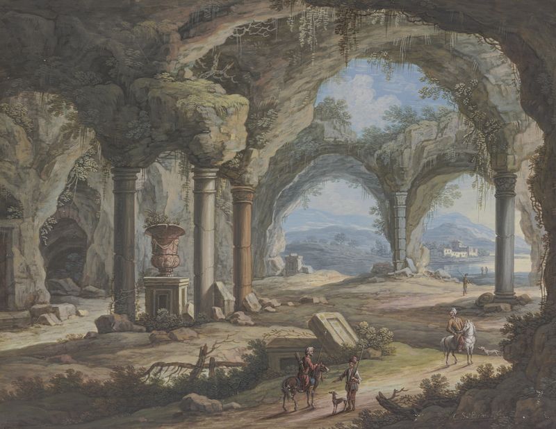 Oil on canvas by Carl Sebastian von Bemmel depicting a grand vase in a grotto.