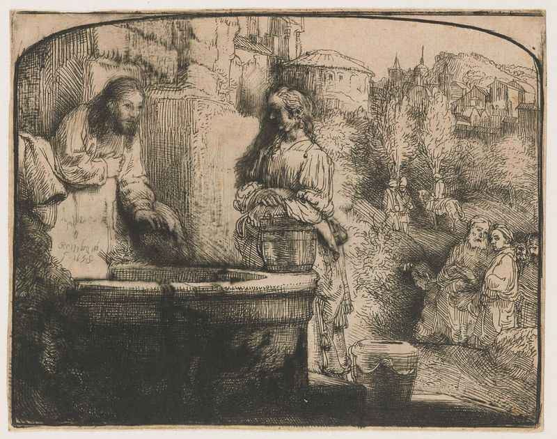Cristo y la mujer samaritana, grabado de Rembrandt van Rijn