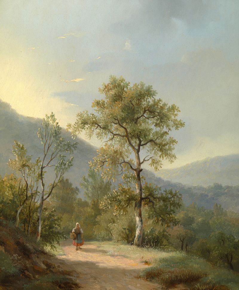 Portrait of a woman in a landscape, oil painting by Jan Willem van Borselen