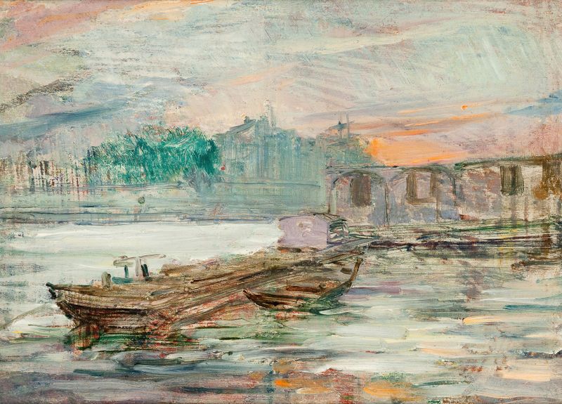 Barges on the Seine by Stanisław Wyspiański, oil painting depicting barges on a tranquil river