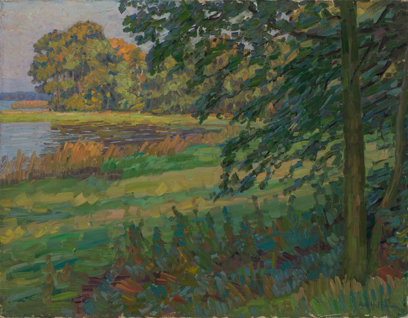 Bäume am Wasser by Robert Hoffmann, oil on canvas, depicting tall trees by shimmering water
