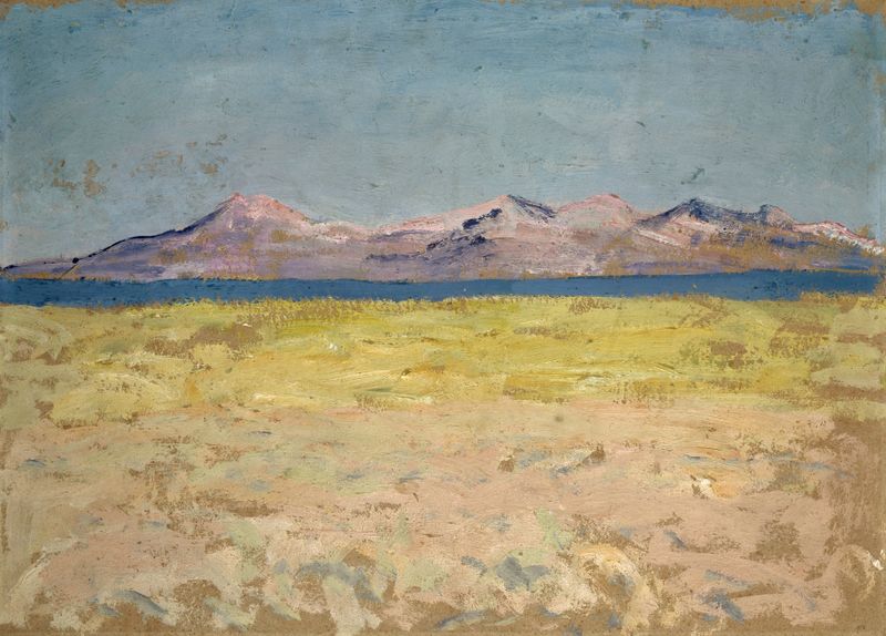 Pintura al óleo de Ernst Schiess que muestra un estrecho brazo de mar y colinas distantes.