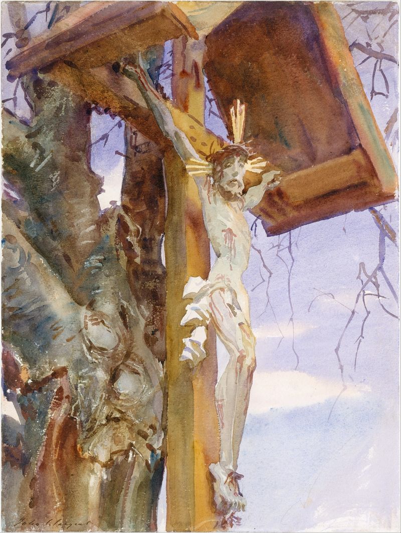 Tyrolese Crucifix de John Singer Sargent, óleo que presenta un crucifijo con luz dramática y tonos cálidos.