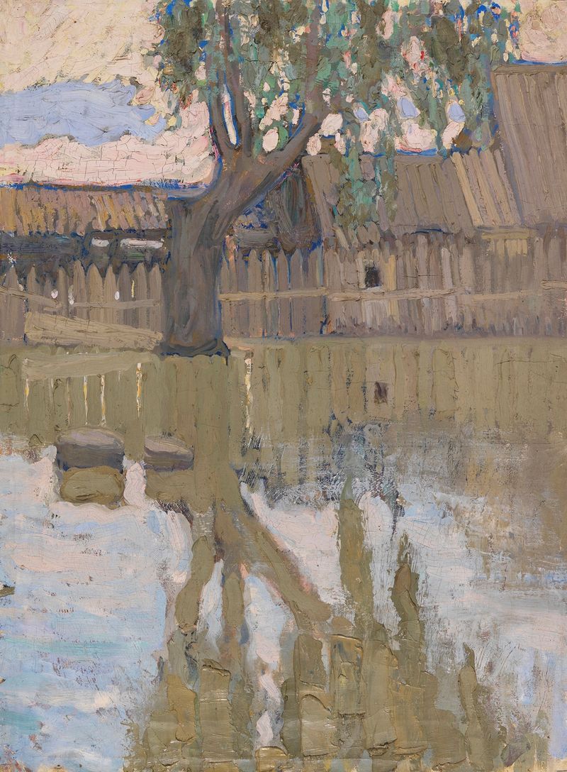 Oil on canvas by Vladimir Baranov-Rossiné depicting a tree and its reflection in water