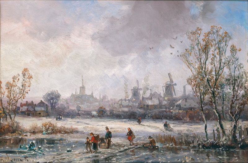 Winter Pleasures before the City, óleo sobre tela de Adolf Stademann mostrando figuras em uma paisagem nevada.